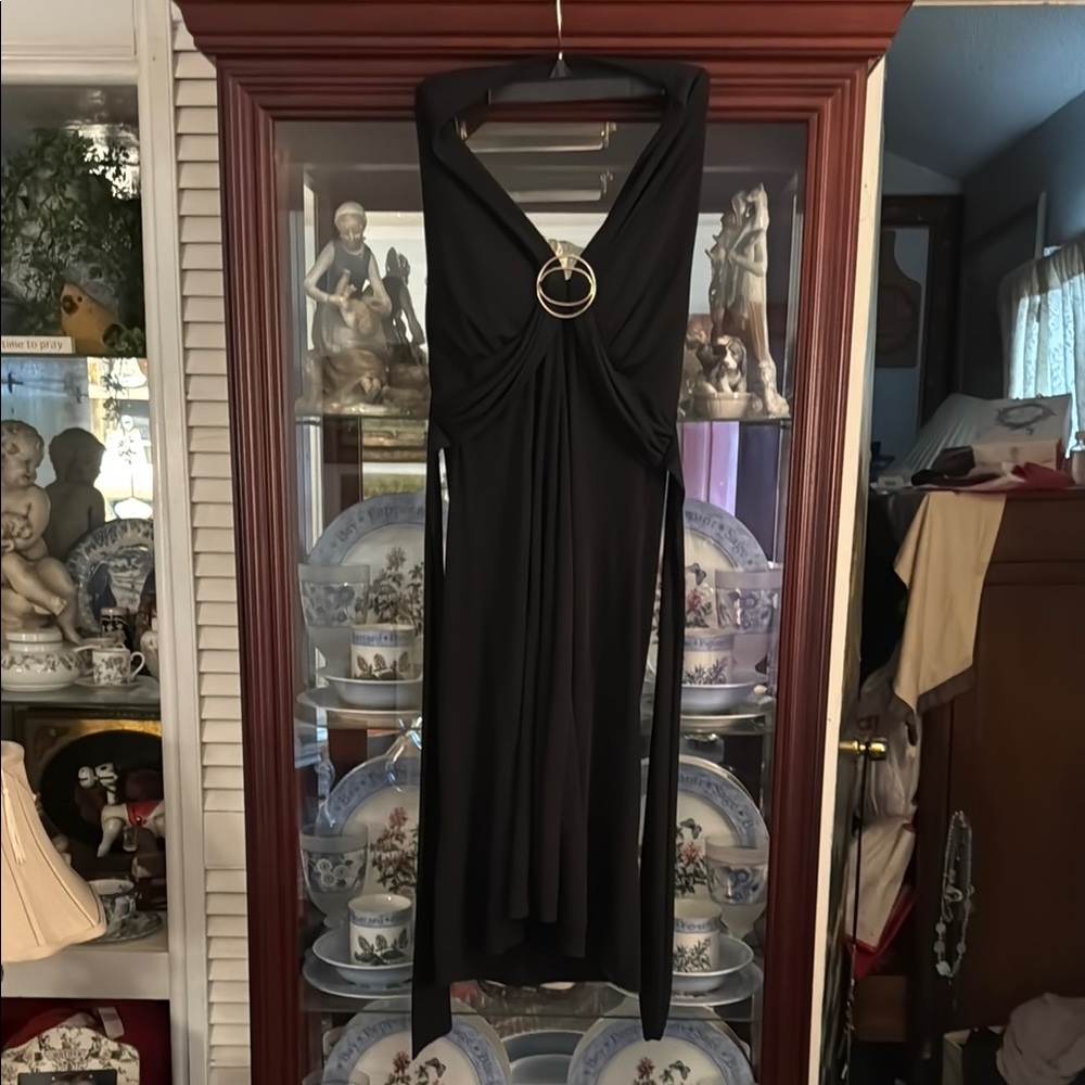 Y2K Elegant Black Halter Dress with Double Ring Detail